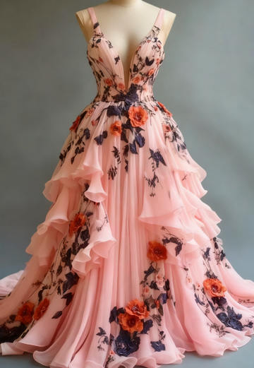 Niulatu A-line Wedding Dress ??Chiffon 3D Applique Evening Dress HZ1026